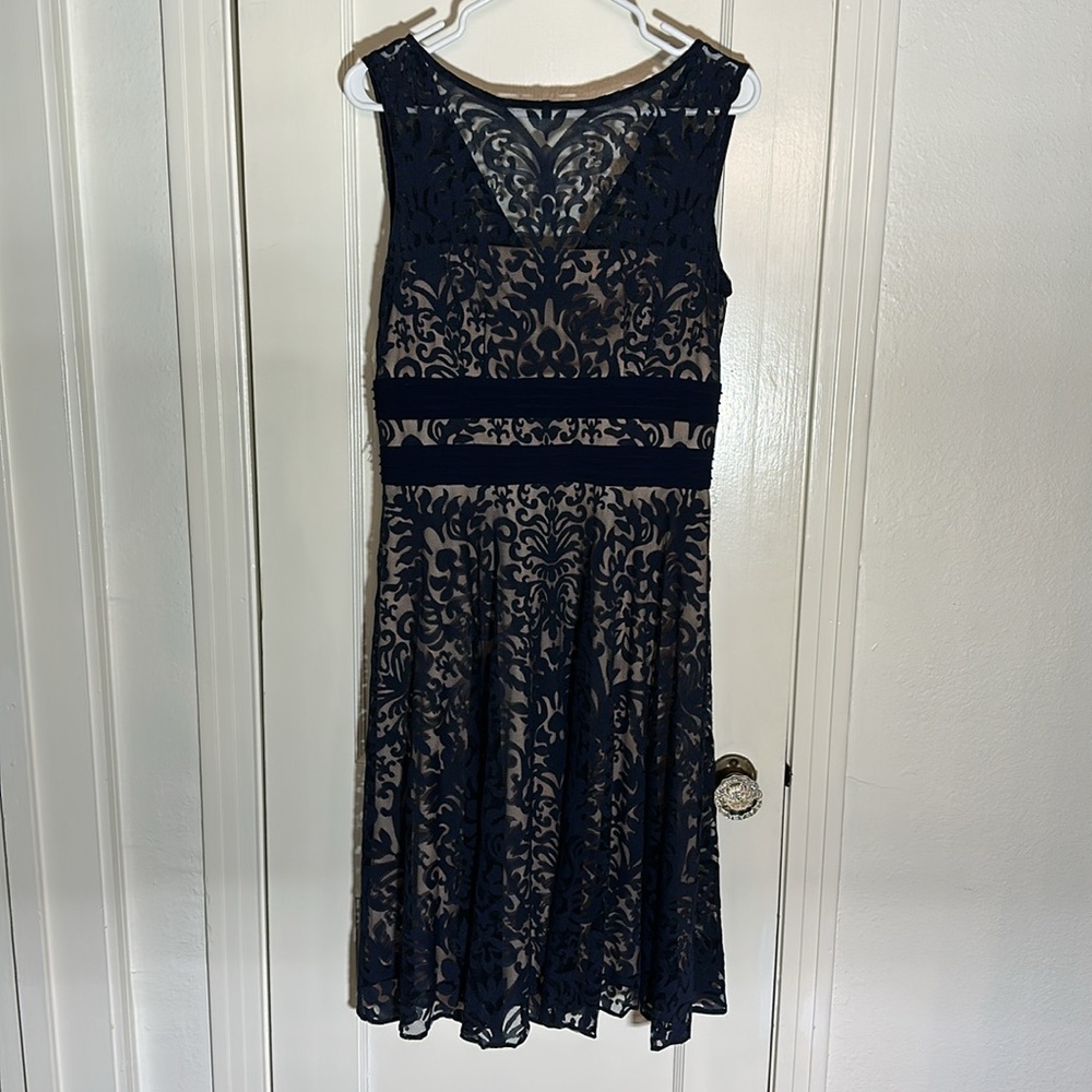 Navy Lace Fit & Flare Dress - Elegant Sleeveless Design - Picture 2 of 5